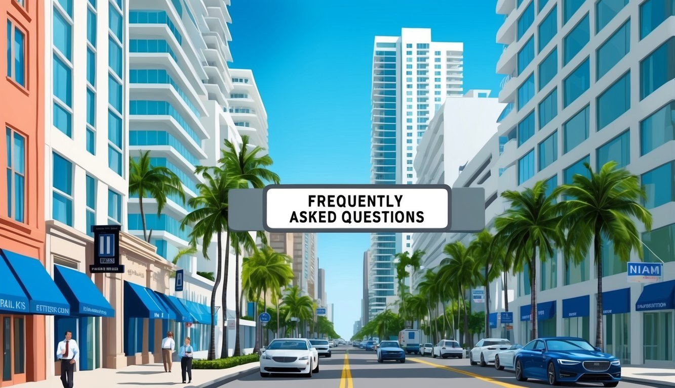 A bustling Miami street with high-rise buildings and law offices, featuring a prominent "Frequently Asked Questions" sign