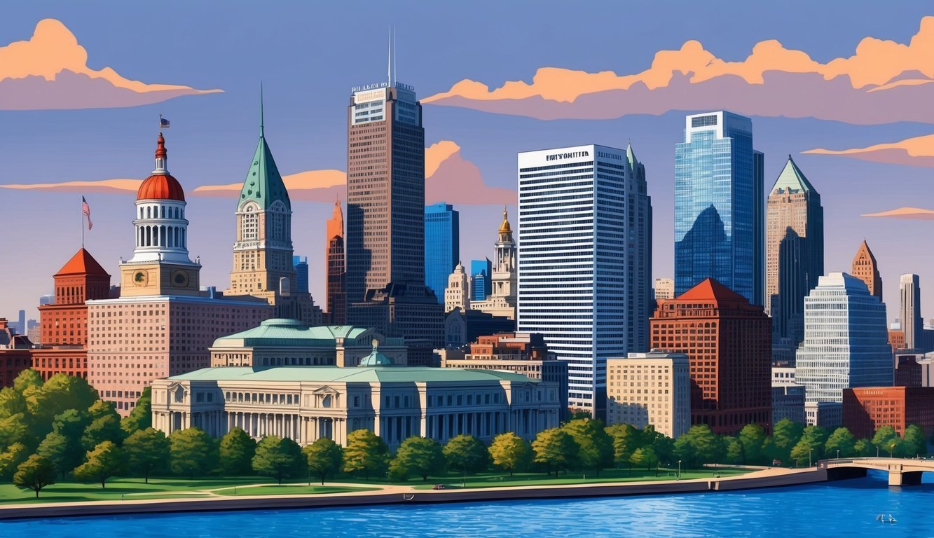 A bustling Philadelphia skyline with a prominent law office building