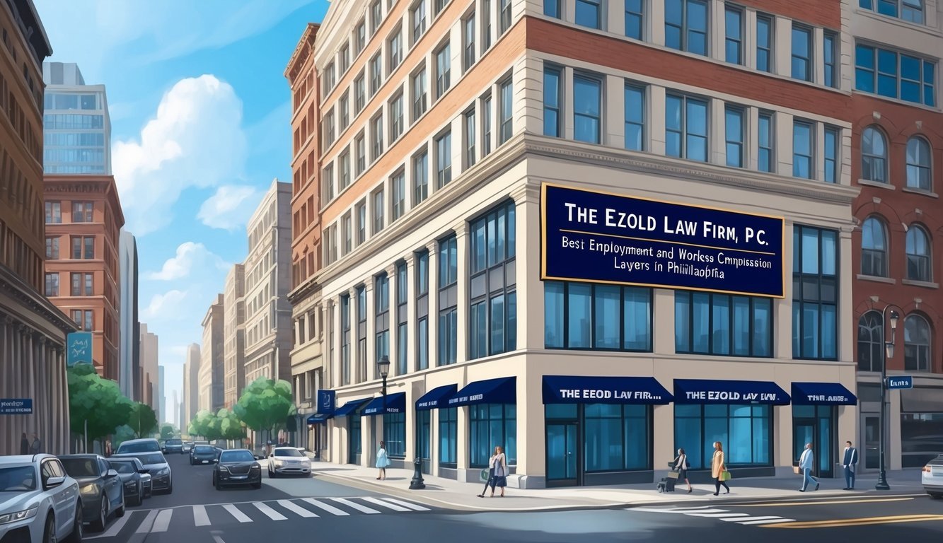 A bustling city street with a prominent building featuring the sign "The Ezold Law Firm, P.C. Best Employment and Workers Compensation Lawyers in Philadelphia."