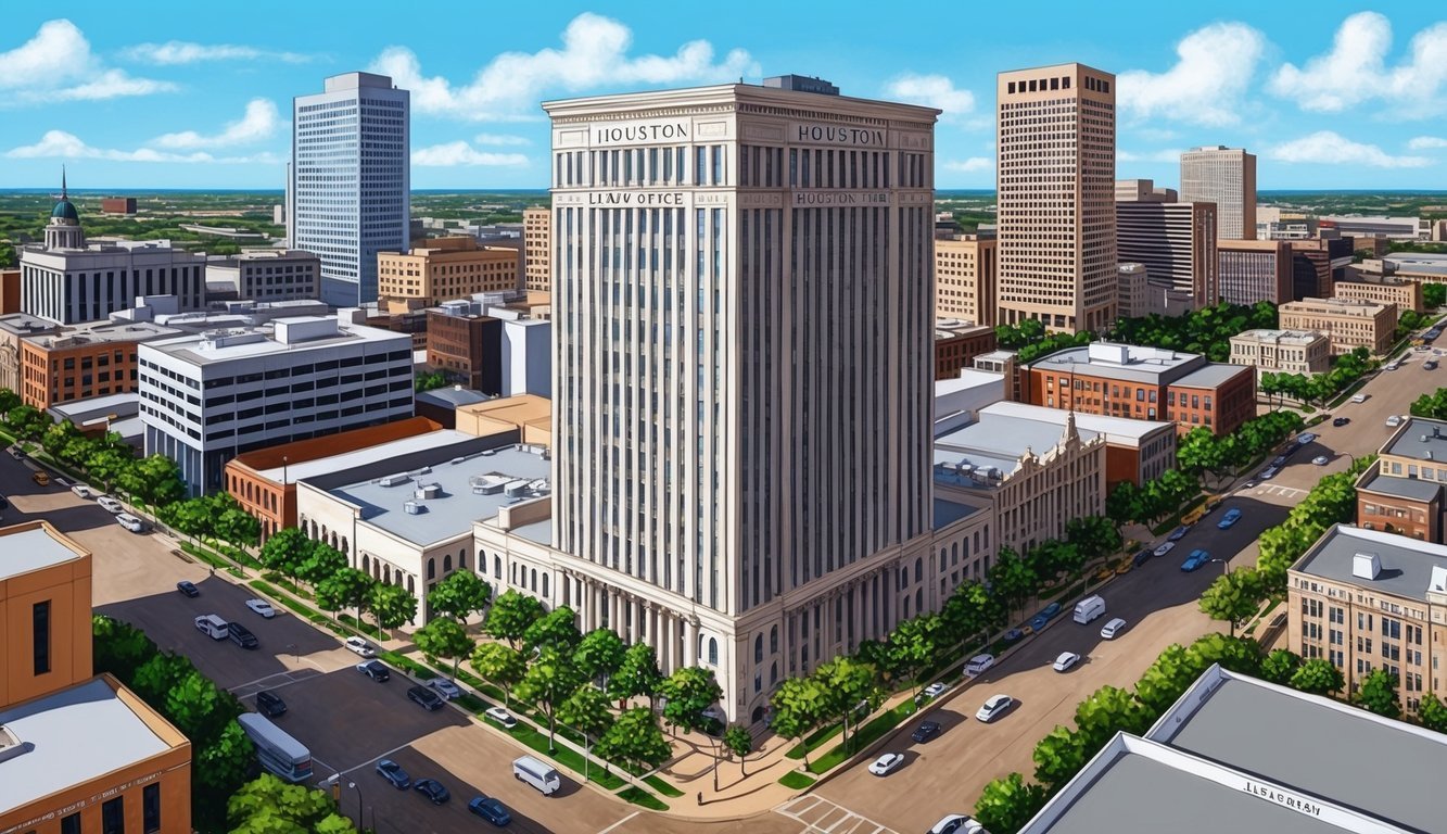 A bustling Houston cityscape with a prominent law office building, surrounded by busy streets and professional buildings