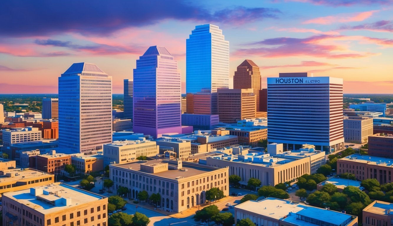 A bustling Houston cityscape with towering office buildings and a prominent law firm sign