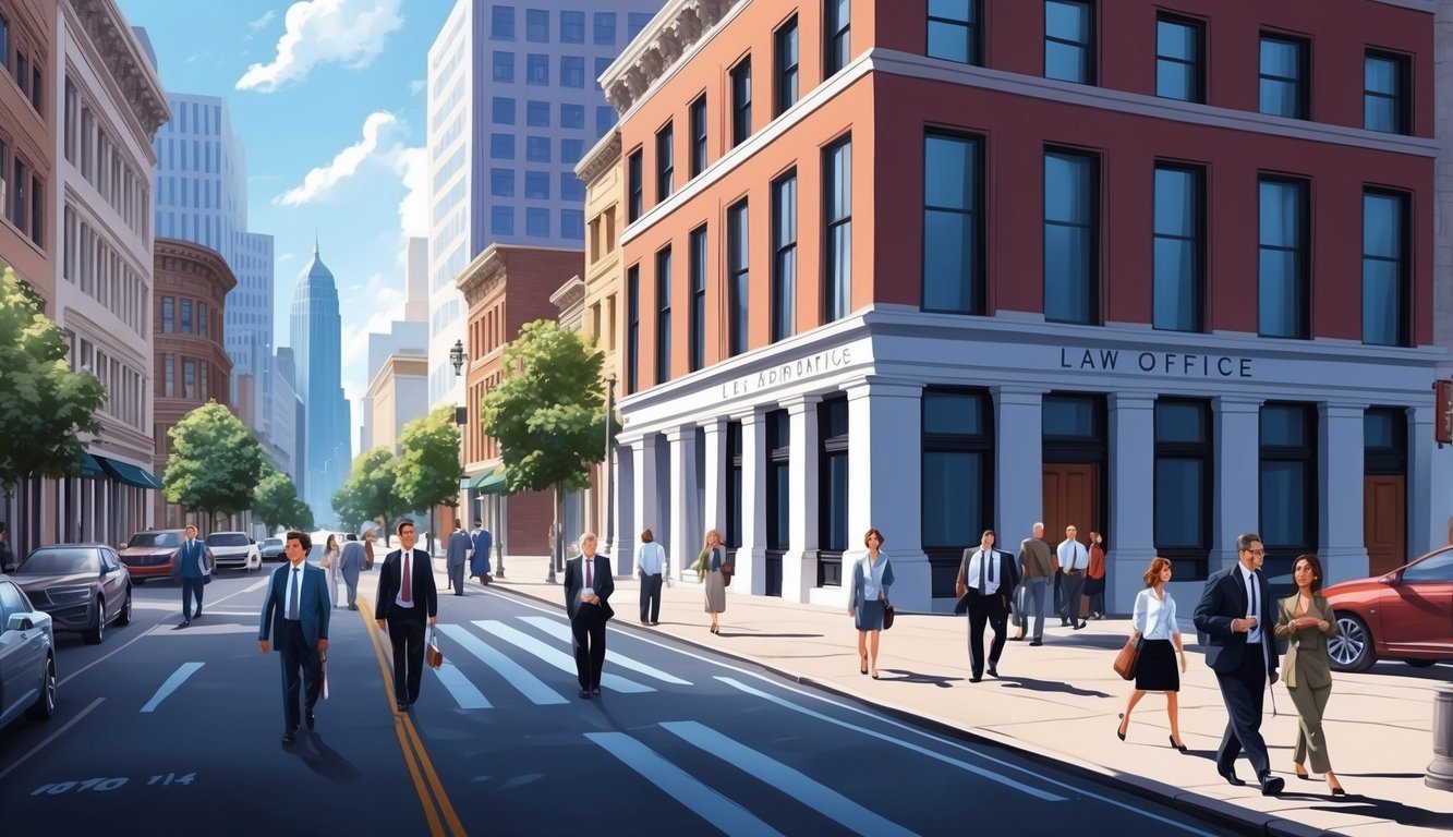 A bustling city street with a prominent law office building and people walking by