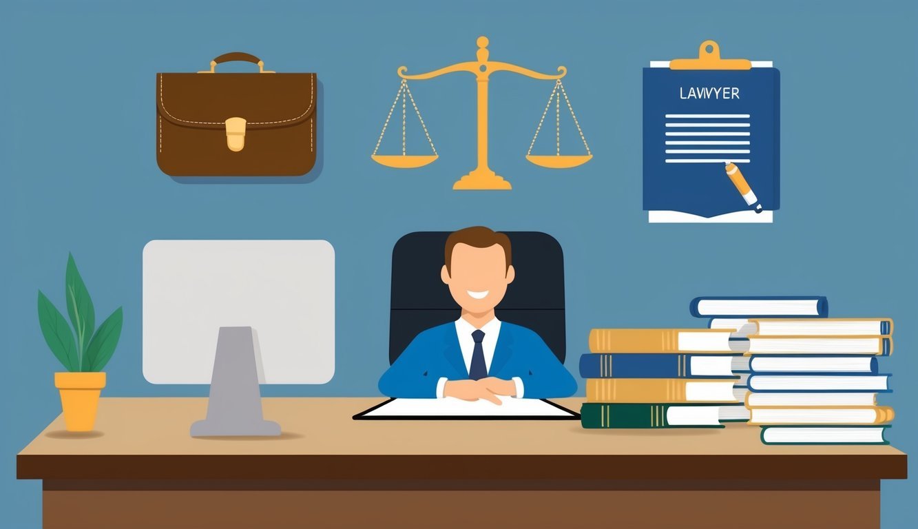 An office setting with a desk, computer, legal books, and a scale representing justice.</p><p>A lawyer's briefcase and law degree hang on the wall