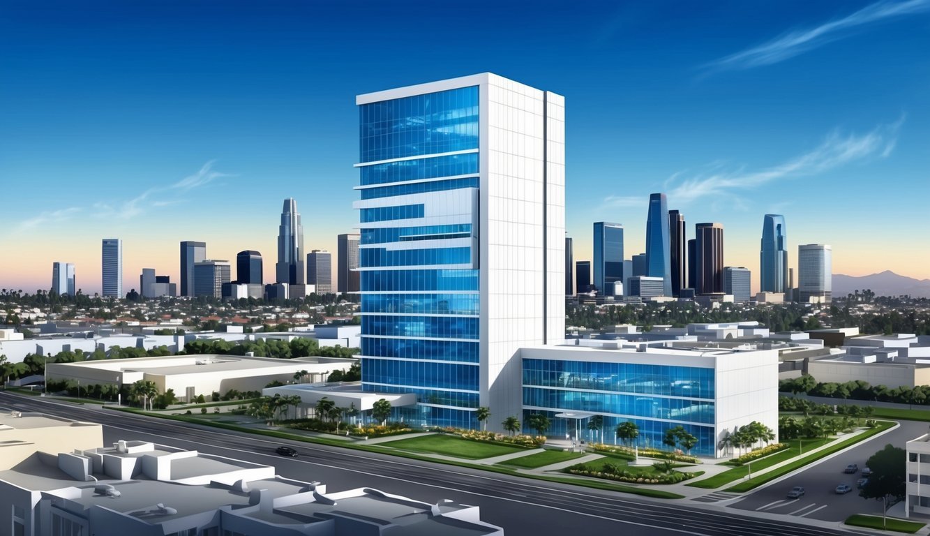 A corporate office with a sleek, modern design and a view of the Los Angeles skyline