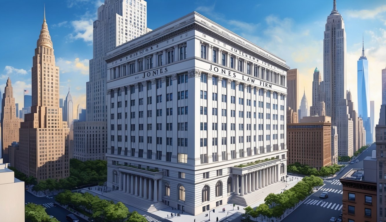 A grand, imposing building with the Jones Law Firm sign prominently displayed, surrounded by the towering skyscrapers of New York City