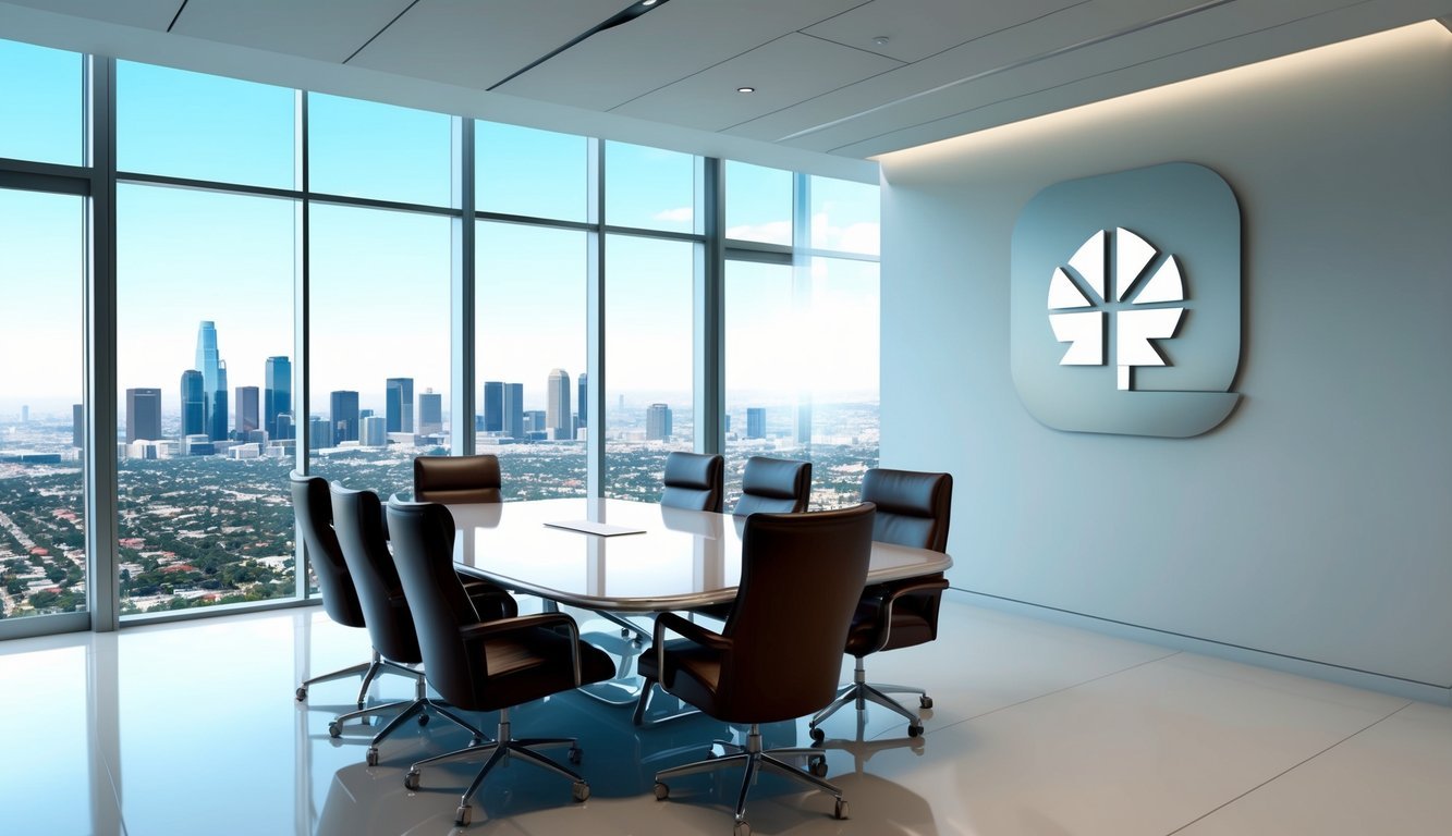 A sleek, modern office with floor-to-ceiling windows overlooking the Los Angeles skyline.</p><p>A polished conference table is surrounded by high-backed leather chairs, and a large, impressive logo adorns the wall