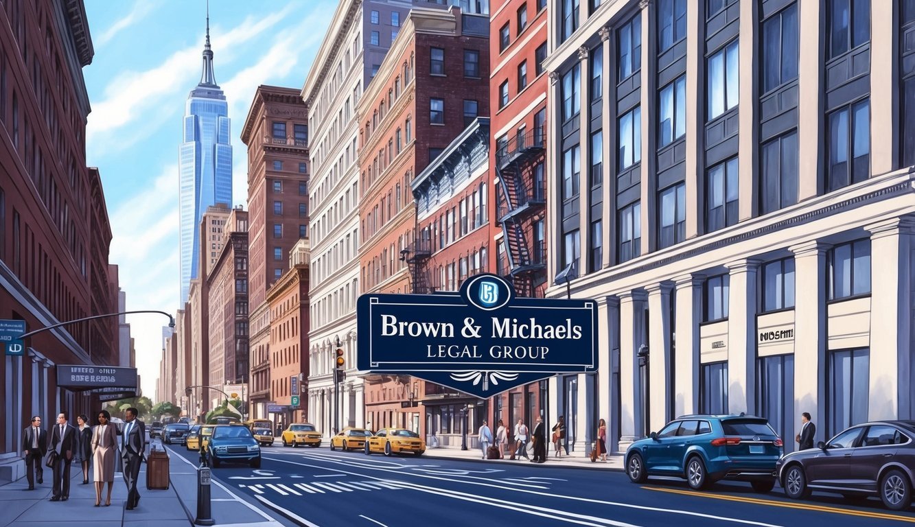 A bustling New York City street with a prominent sign for "Brown & Michaels Legal Group" among other office buildings