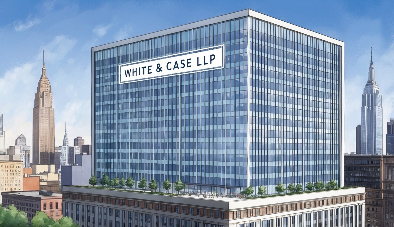 A modern office building in New York City with the White & Case LLP logo prominently displayed on the exterior