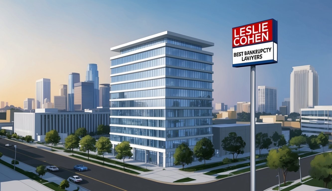 A modern office building in downtown Los Angeles with a prominent sign reading "Leslie Cohen Best Bankruptcy Lawyers."