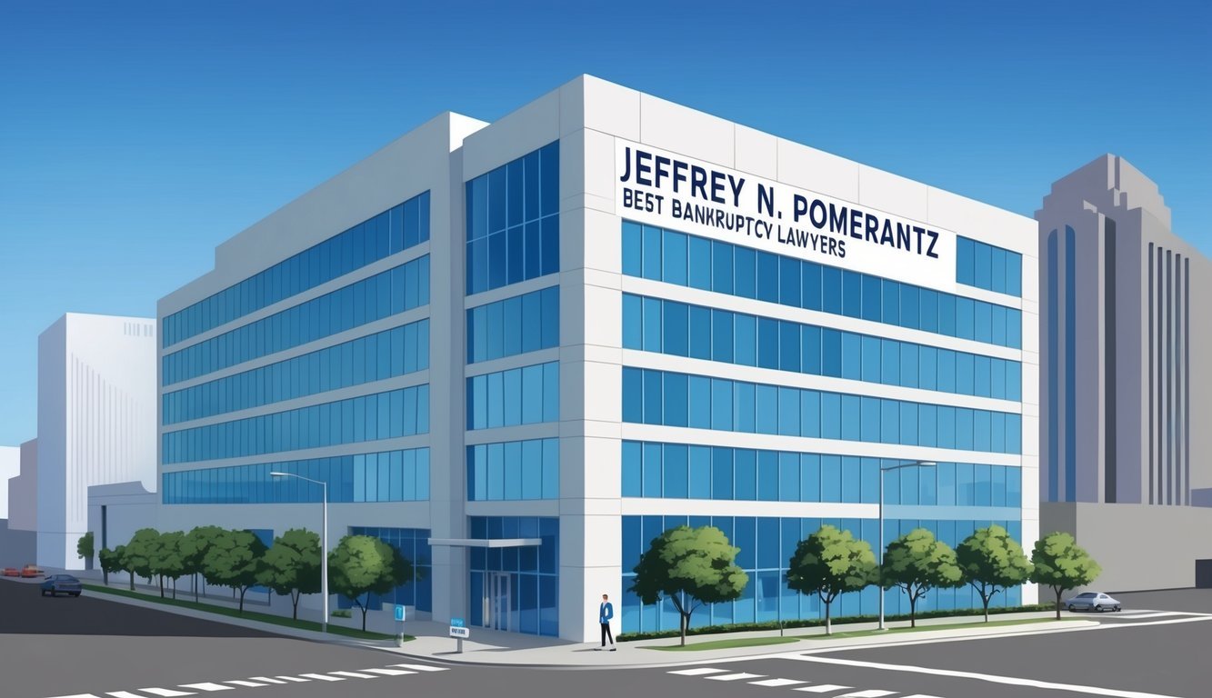 A sleek, modern office building in downtown Los Angeles, with a prominent sign reading "Jeffrey N. Pomerantz Best Bankruptcy Lawyers."