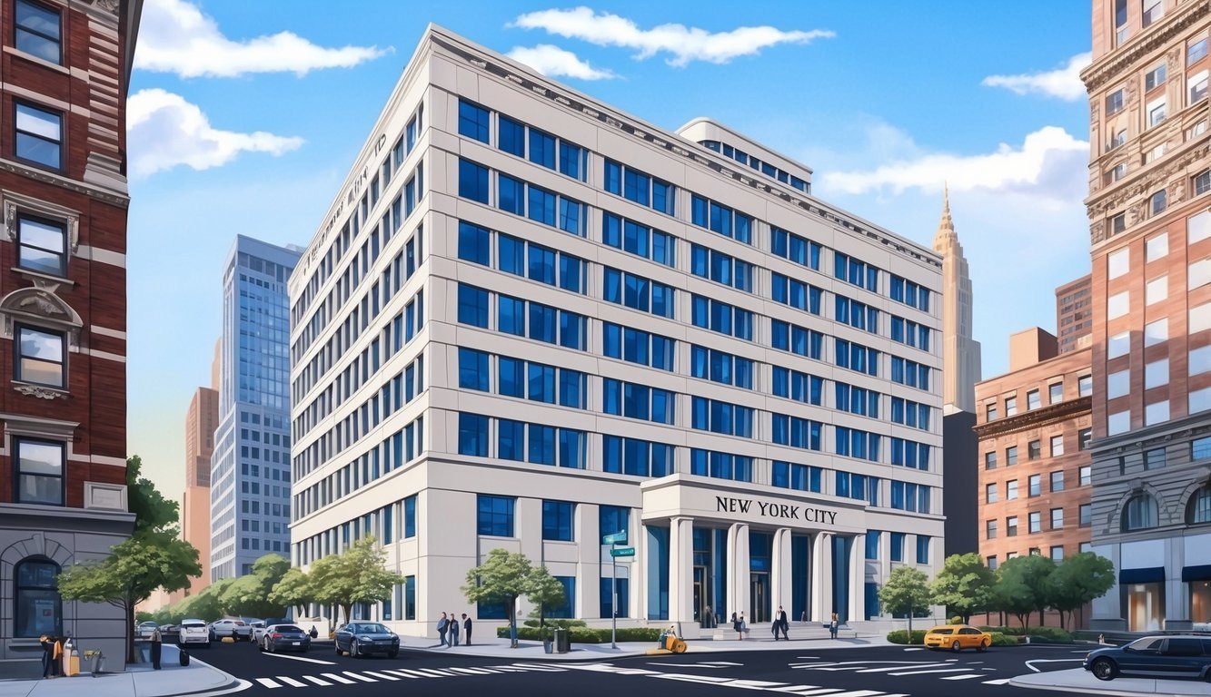 A grand, modern office building in the heart of New York City, with the firm's name prominently displayed on a large sign near the entrance