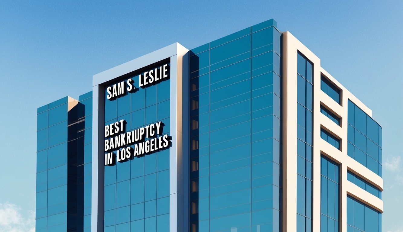 A sleek, modern office building with a prominent sign reading "Sam S. Leslie Best Bankruptcy Lawyers in Los Angeles" stands tall against a clear blue sky