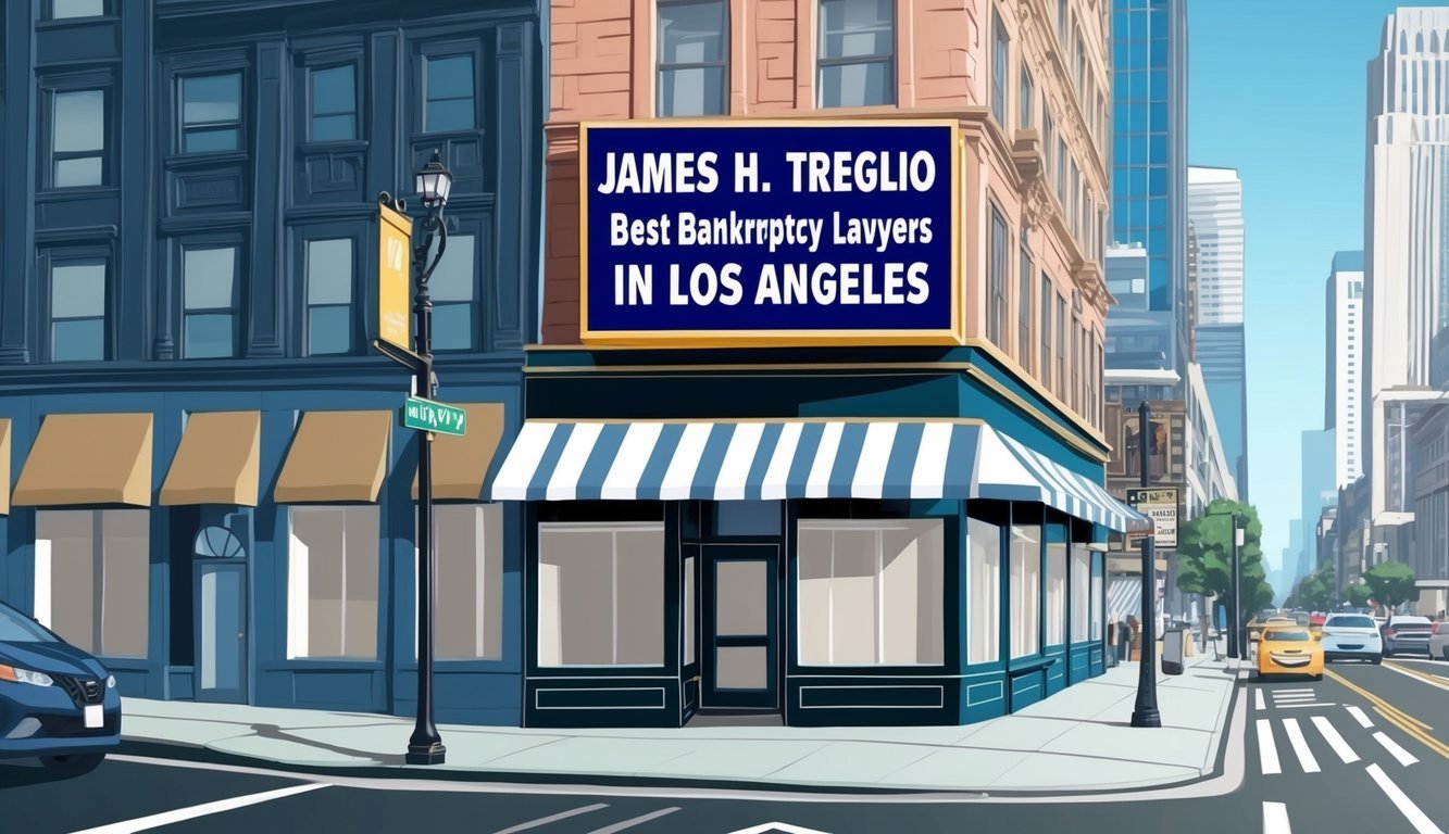 A busy city street with tall buildings and a prominent sign for "James H. Treglio Best Bankruptcy Lawyers in Los Angeles" displayed on a storefront