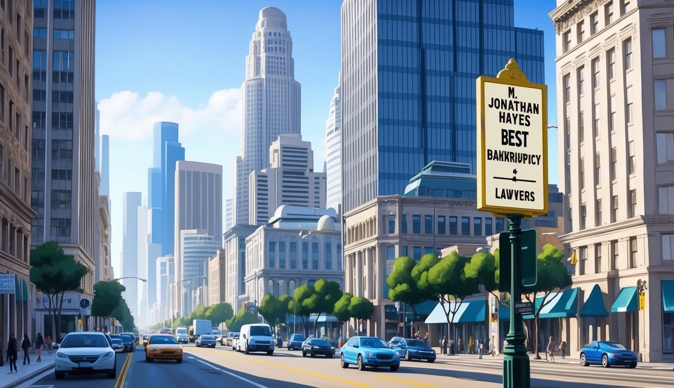 A busy Los Angeles city street with towering skyscrapers and a prominent sign for "M. Jonathan Hayes Best Bankruptcy Lawyers."