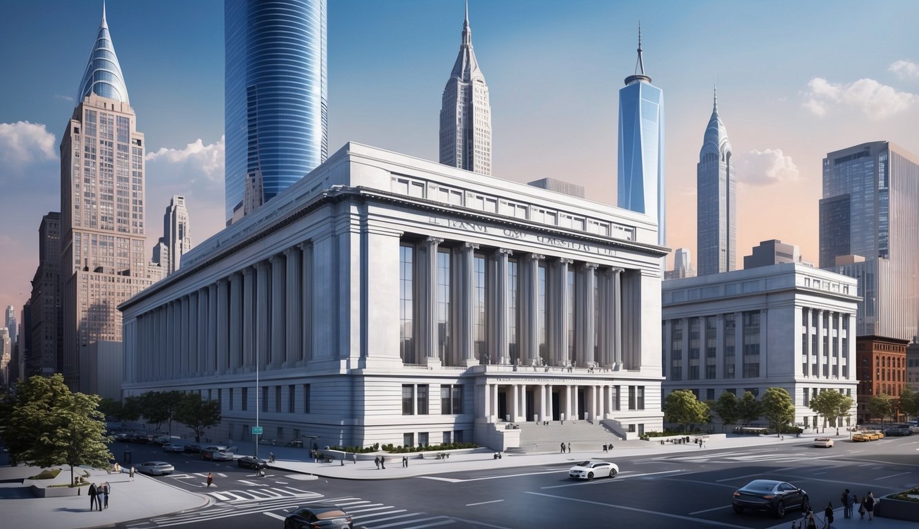 A grand law office in New York City, with towering skyscrapers in the background and a sleek, modern exterior