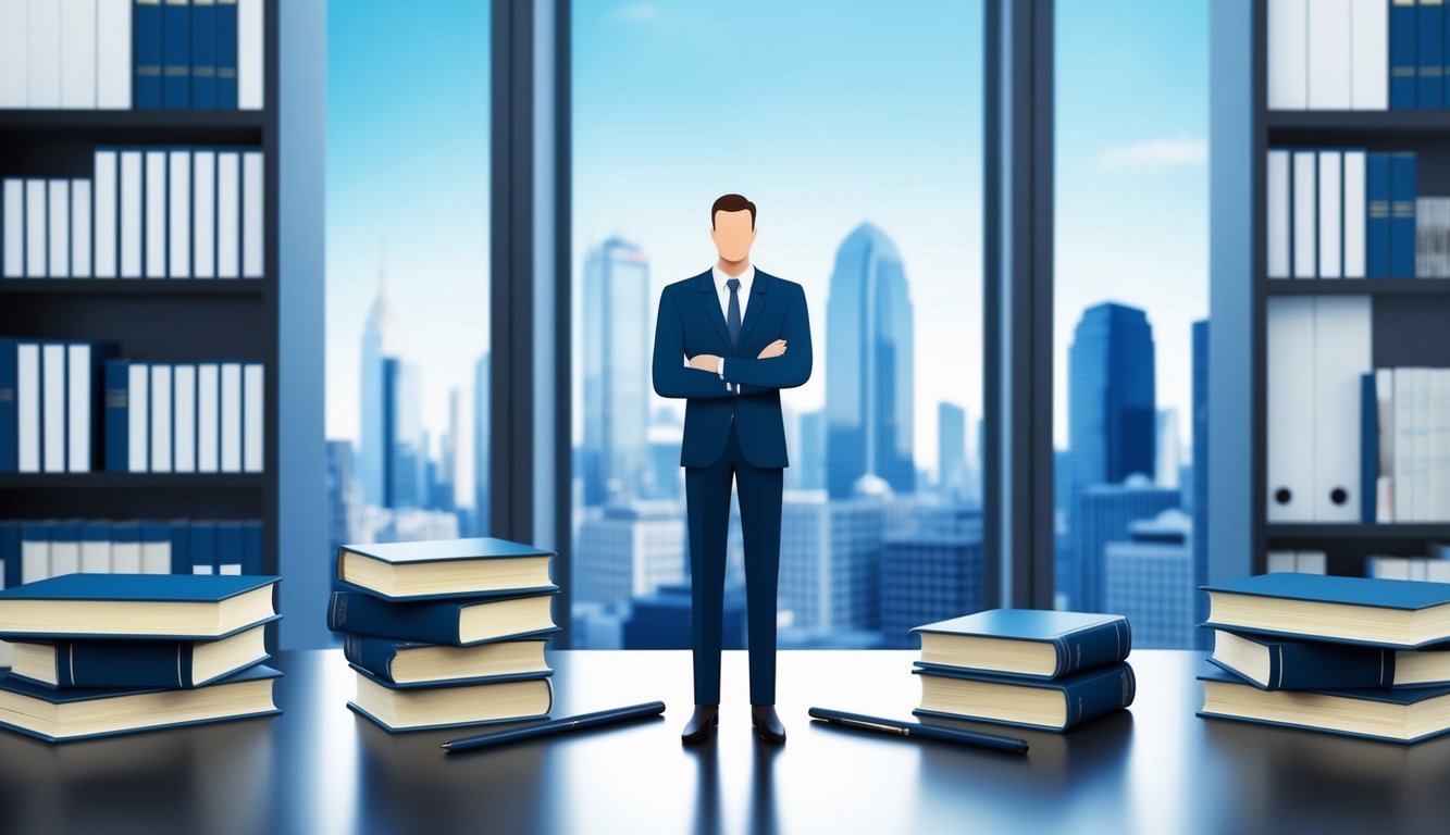 A figure in a suit stands confidently in a modern office, surrounded by law books and a sleek desk.</p><p>The city skyline is visible through the window