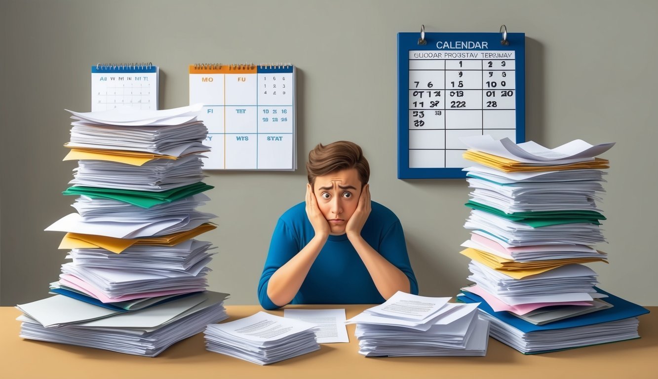 A person sitting at a desk surrounded by stacks of paper and folders, looking stressed and overwhelmed.</p><p>A calendar on the wall shows dates and deadlines