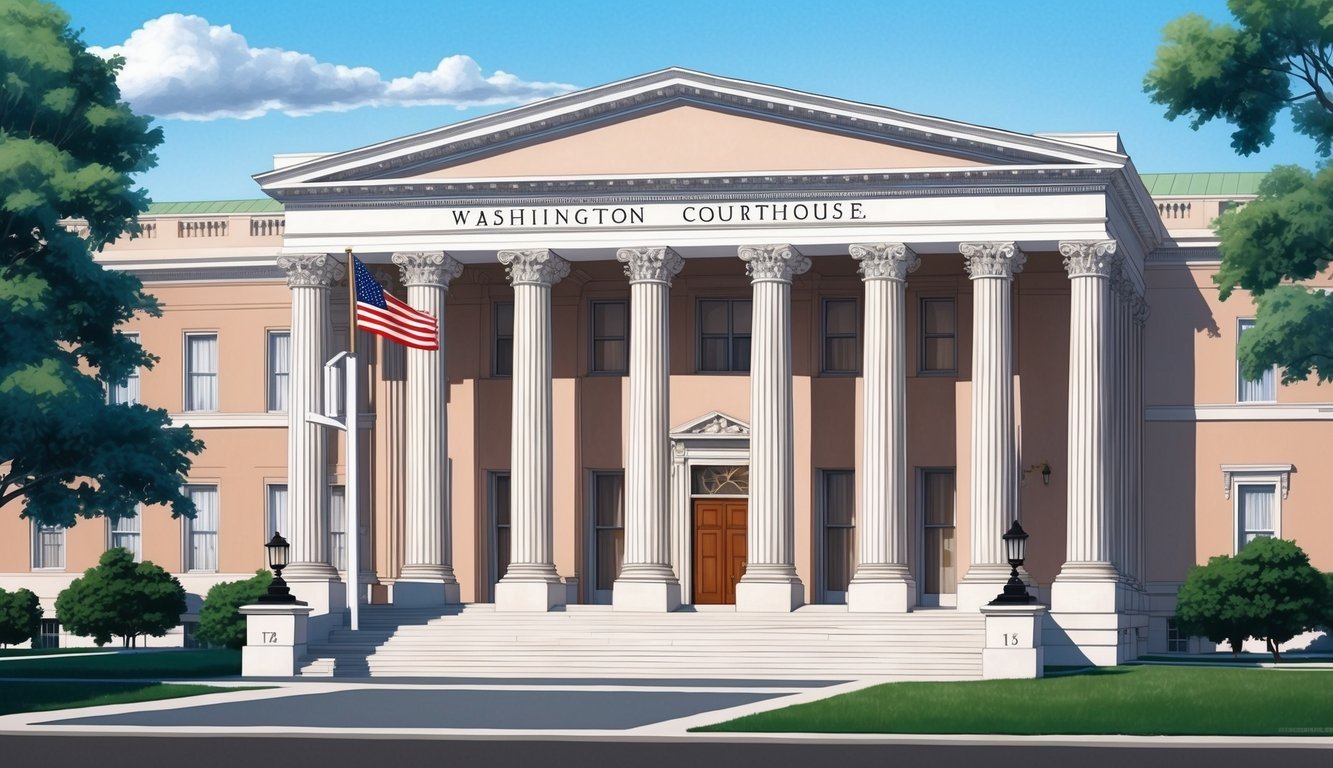 A grand courthouse with columns and a flag in Washington DC