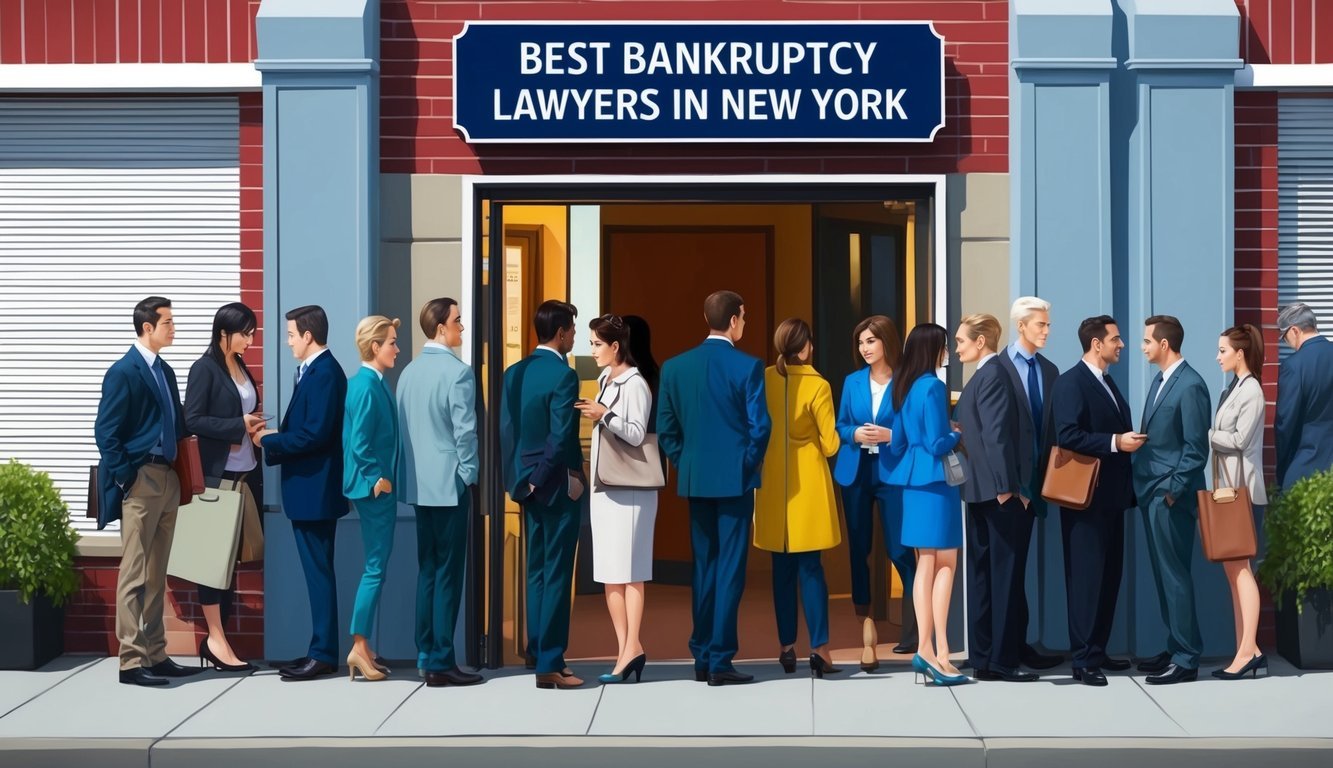 A line of people waiting outside an office, with a sign reading "Best Bankruptcy Lawyers in New York" above the entrance