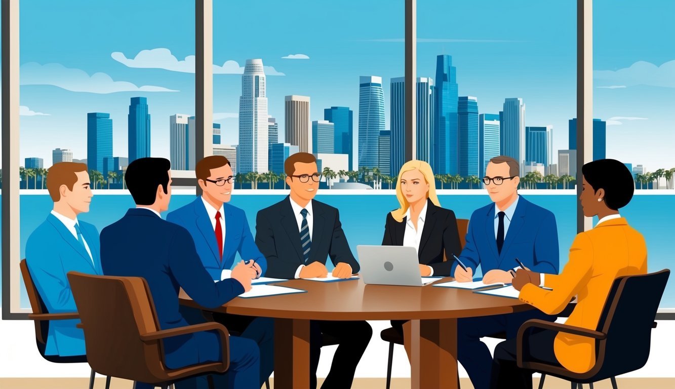 A group of people gathered around a table, discussing legal matters with a backdrop of the Los Angeles skyline visible through the window