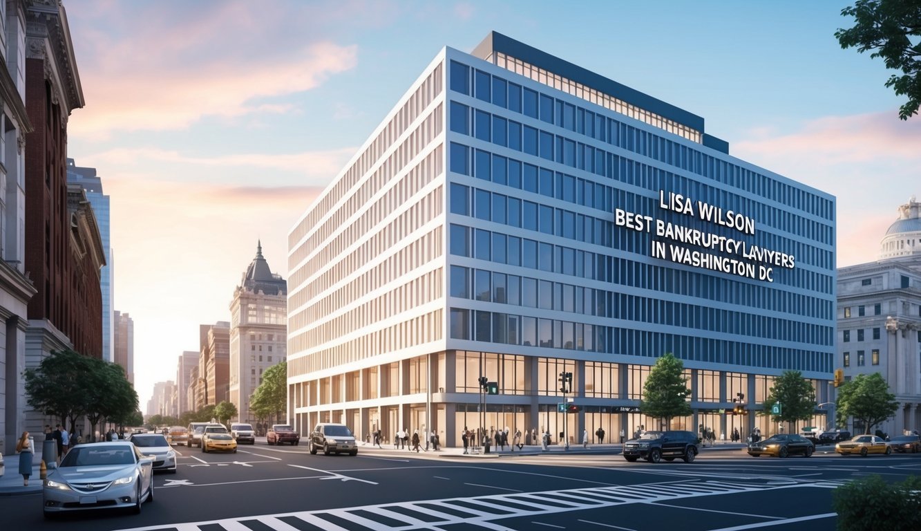 A busy city street with a large, modern office building bearing the sign "Lisa Wilson Best Bankruptcy Lawyers in Washington DC."