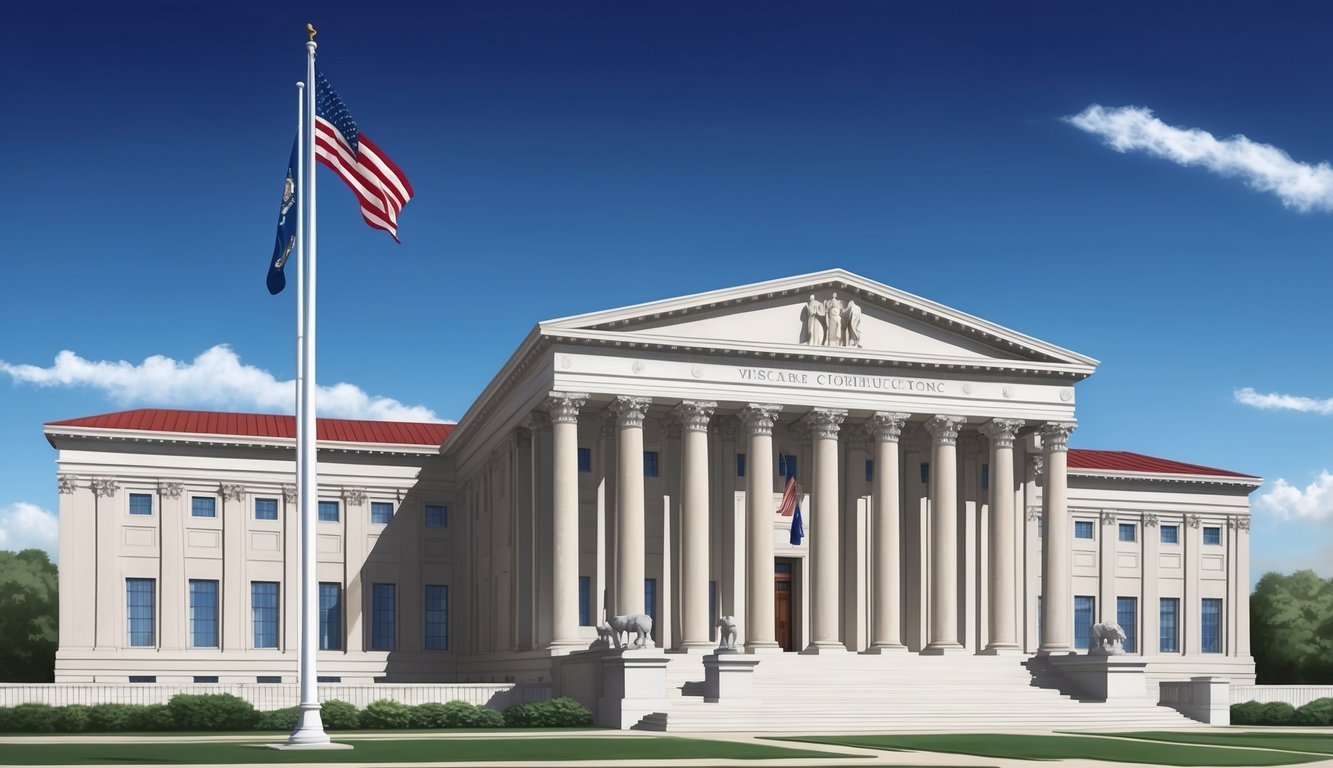 A grand courthouse with columns and flags in Washington DC