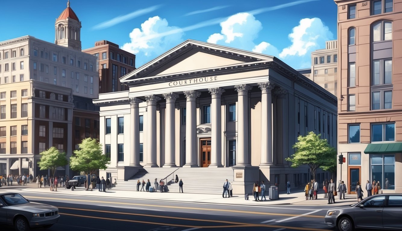 A courthouse with a grand entrance and columns, surrounded by city buildings and a bustling street scene