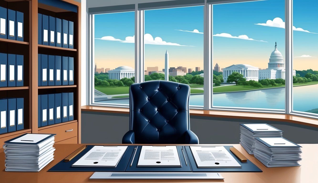 A lawyer's office with a view of the Washington DC skyline, files and legal documents neatly organized on a desk