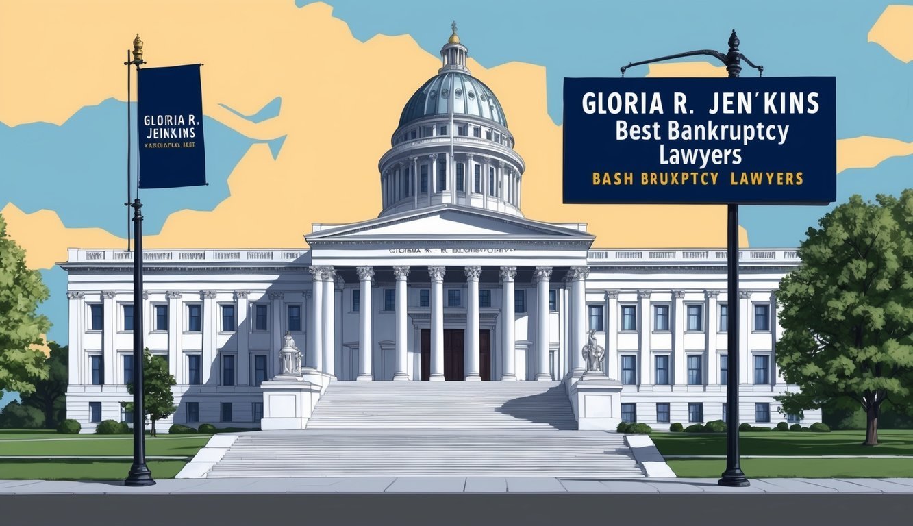 A grand courthouse in Washington DC with a prominent sign for "Gloria R. Jenkins Best Bankruptcy Lawyers" displayed prominently