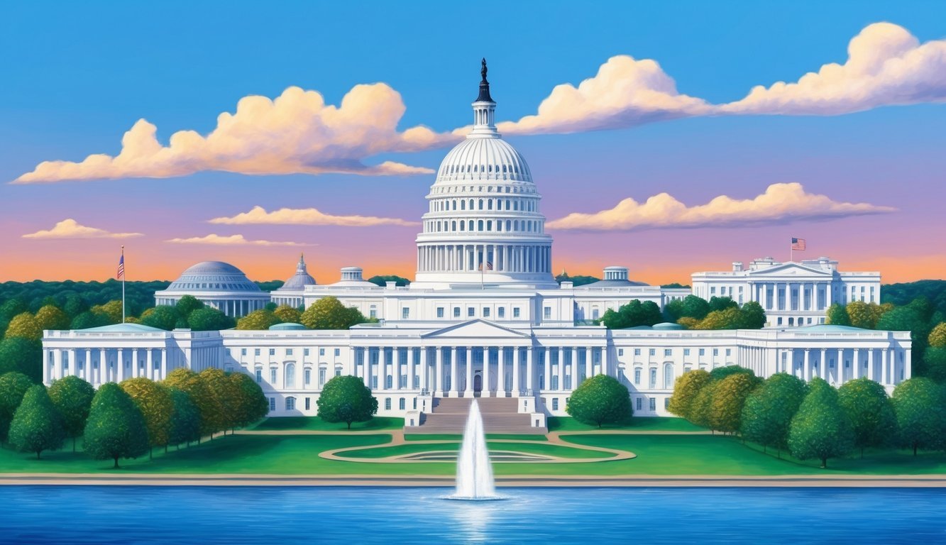 A skyline of Washington DC with the U.S. Capitol building in the background and a prominent law office building in the foreground