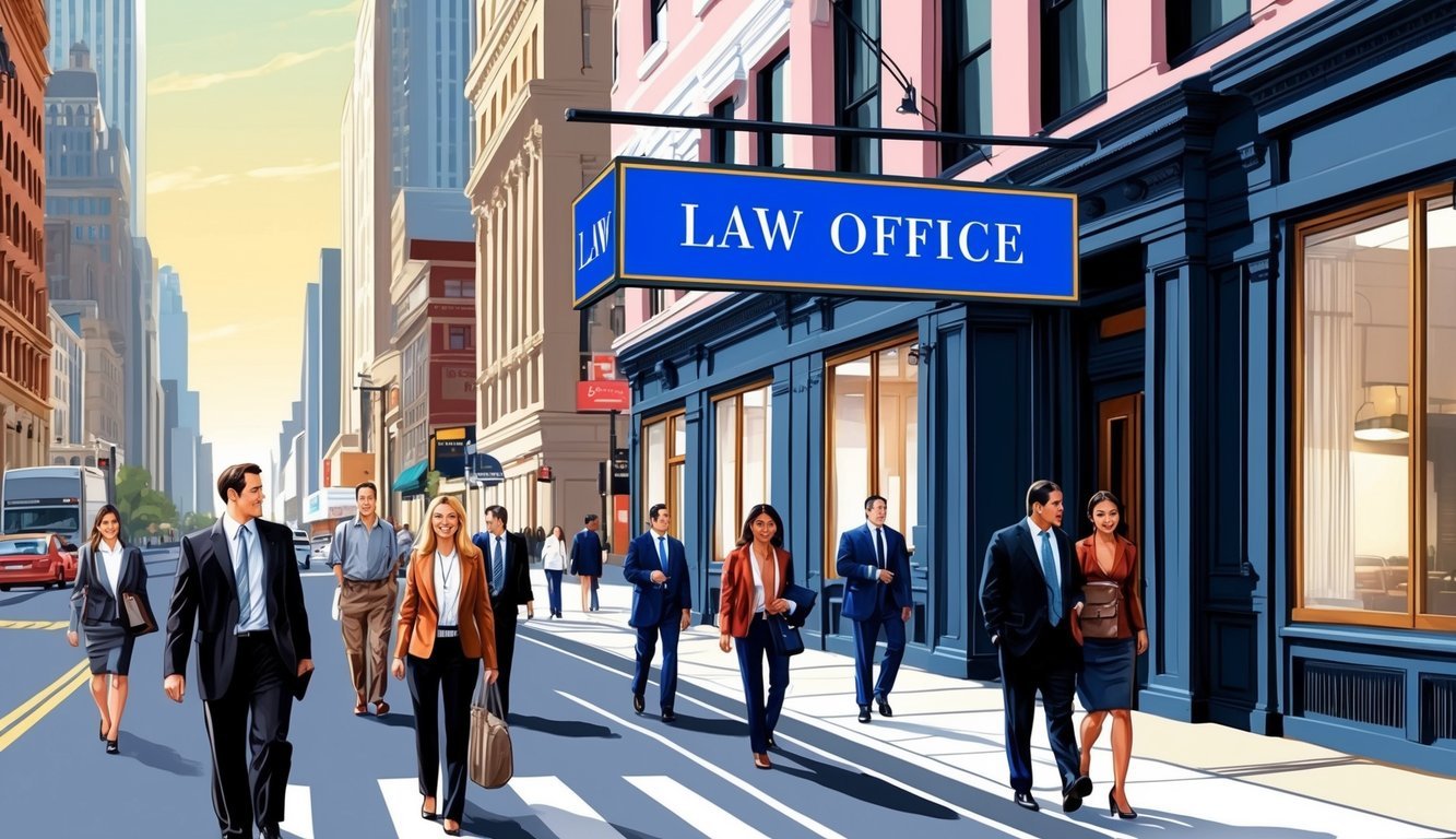 A bustling city street with a prominent law office sign and people walking by