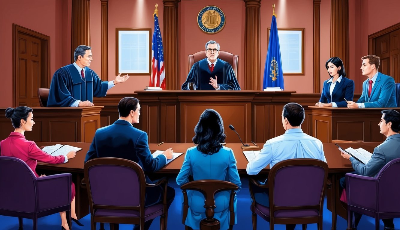 A courtroom with a judge presiding over a bankruptcy case, lawyers presenting arguments, and clients seeking legal advice