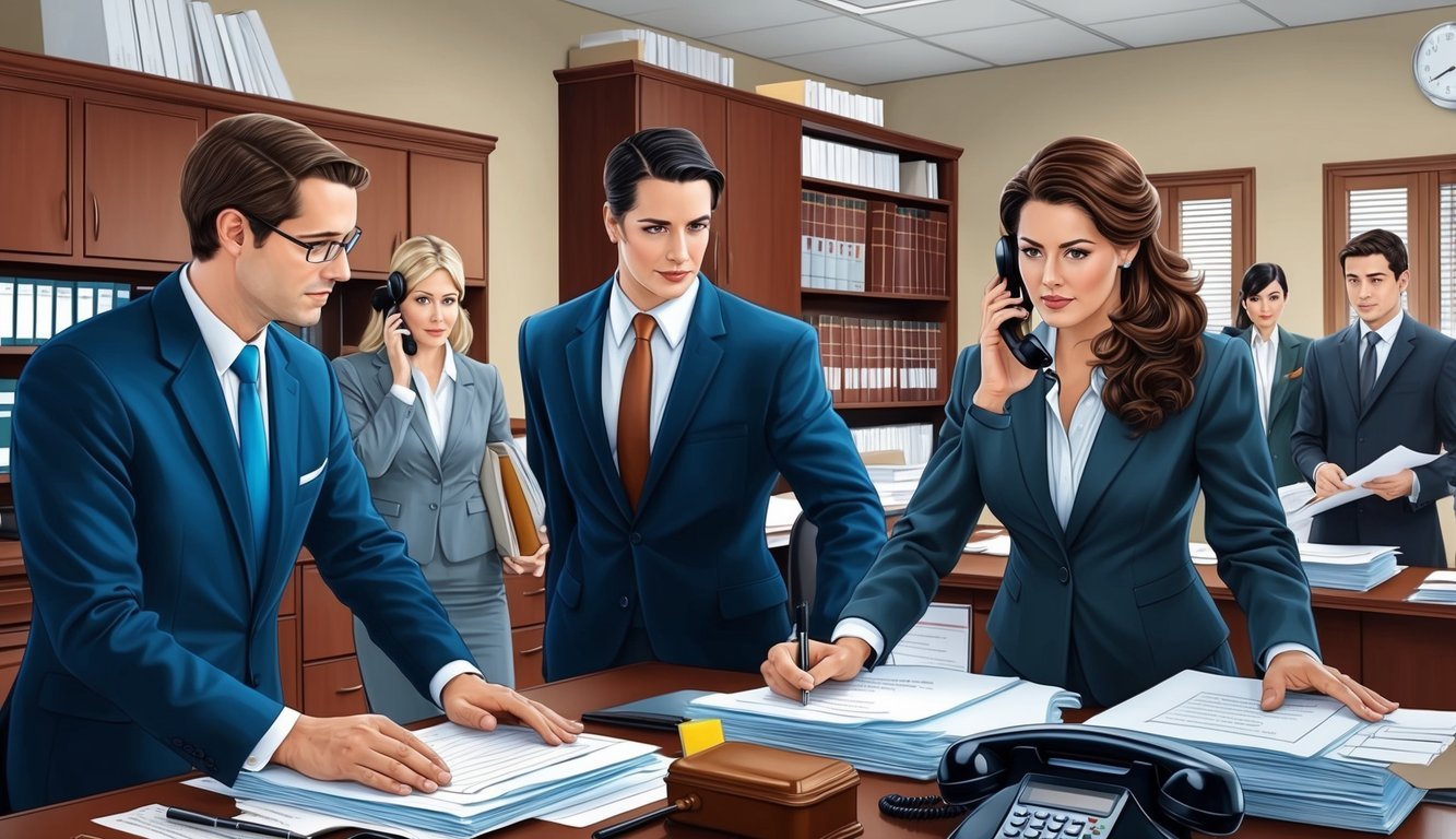 A busy office with lawyers consulting clients, filing paperwork, and answering phone calls