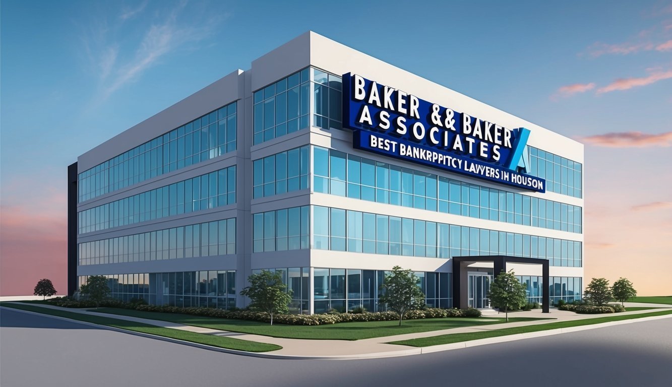 A modern office building with a prominent sign reading "Baker & Baker Associates Best Bankruptcy Lawyers in Houston" on the exterior