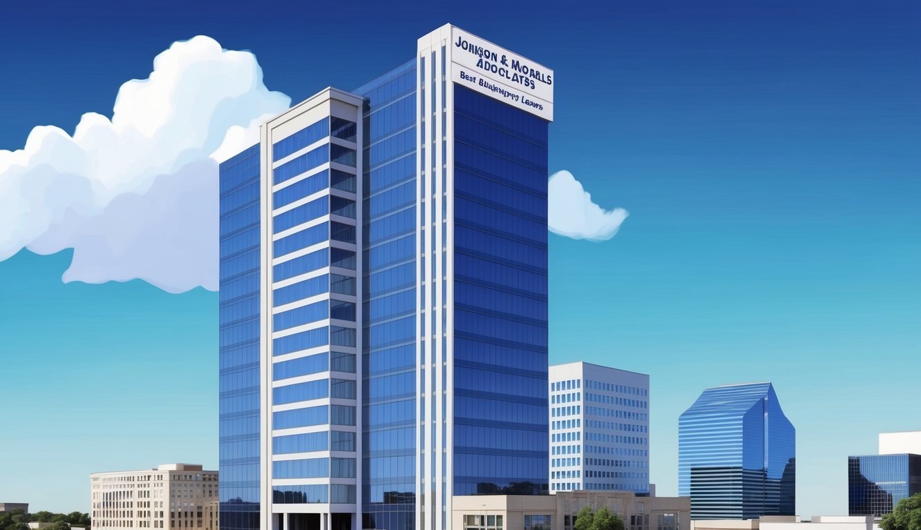 A modern office building in downtown Houston with a prominent sign reading "Johnson & Morales Advocates Best Bankruptcy Lawyers" stands tall against a clear blue sky