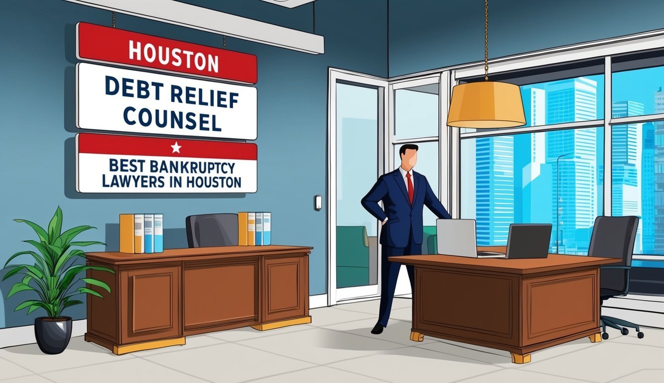 A lawyer's office with a sign reading "Houston Debt Relief Counsel" and "Best Bankruptcy Lawyers in Houston" displayed prominently