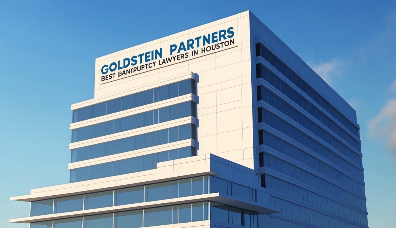 A modern office building with a prominent sign reading "Goldstein Partners Legal Group Best Bankruptcy Lawyers in Houston" stands tall against a clear blue sky