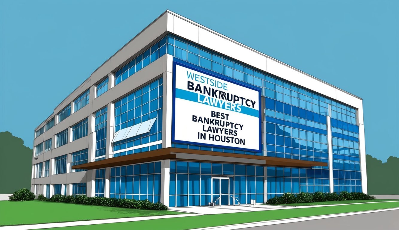 A modern office building with a prominent sign reading "Westside Bankruptcy Lawyers Best Bankruptcy Lawyers in Houston" displayed prominently