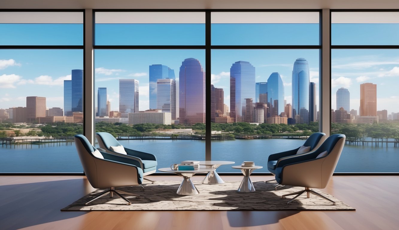 A modern office with sleek furniture and large windows overlooking the Houston skyline