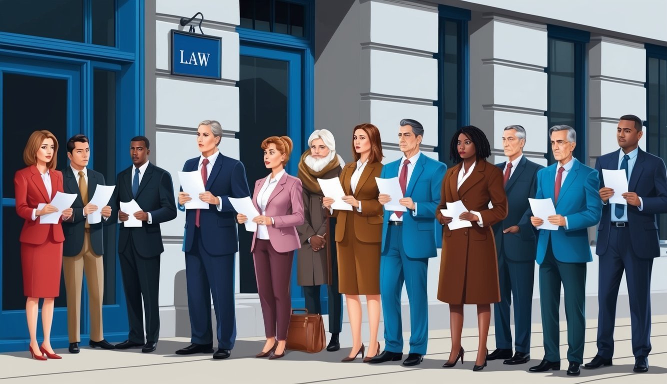 A group of people standing in line outside a law office, holding papers and looking concerned