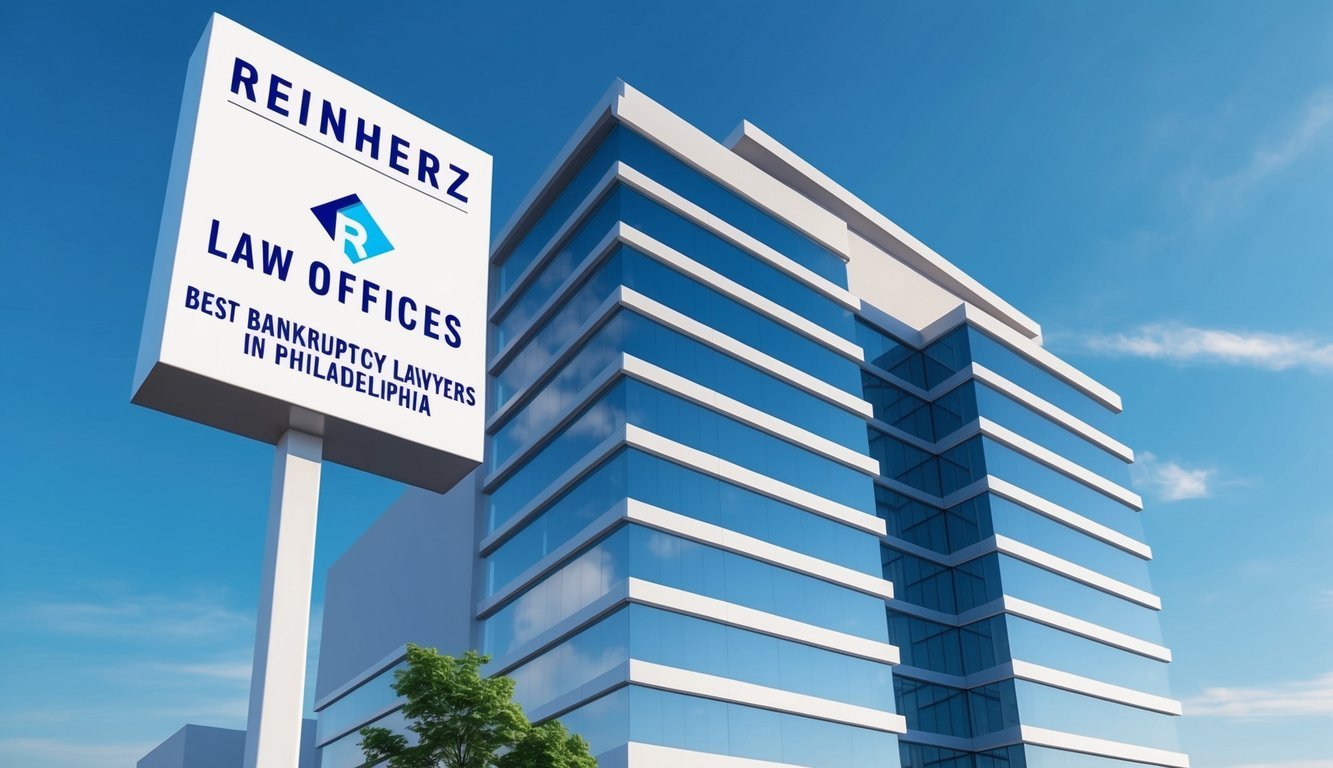 A sleek, modern office building with a prominent sign reading "Reinherz Law Offices - Best Bankruptcy Lawyers in Philadelphia" stands tall against a clear blue sky