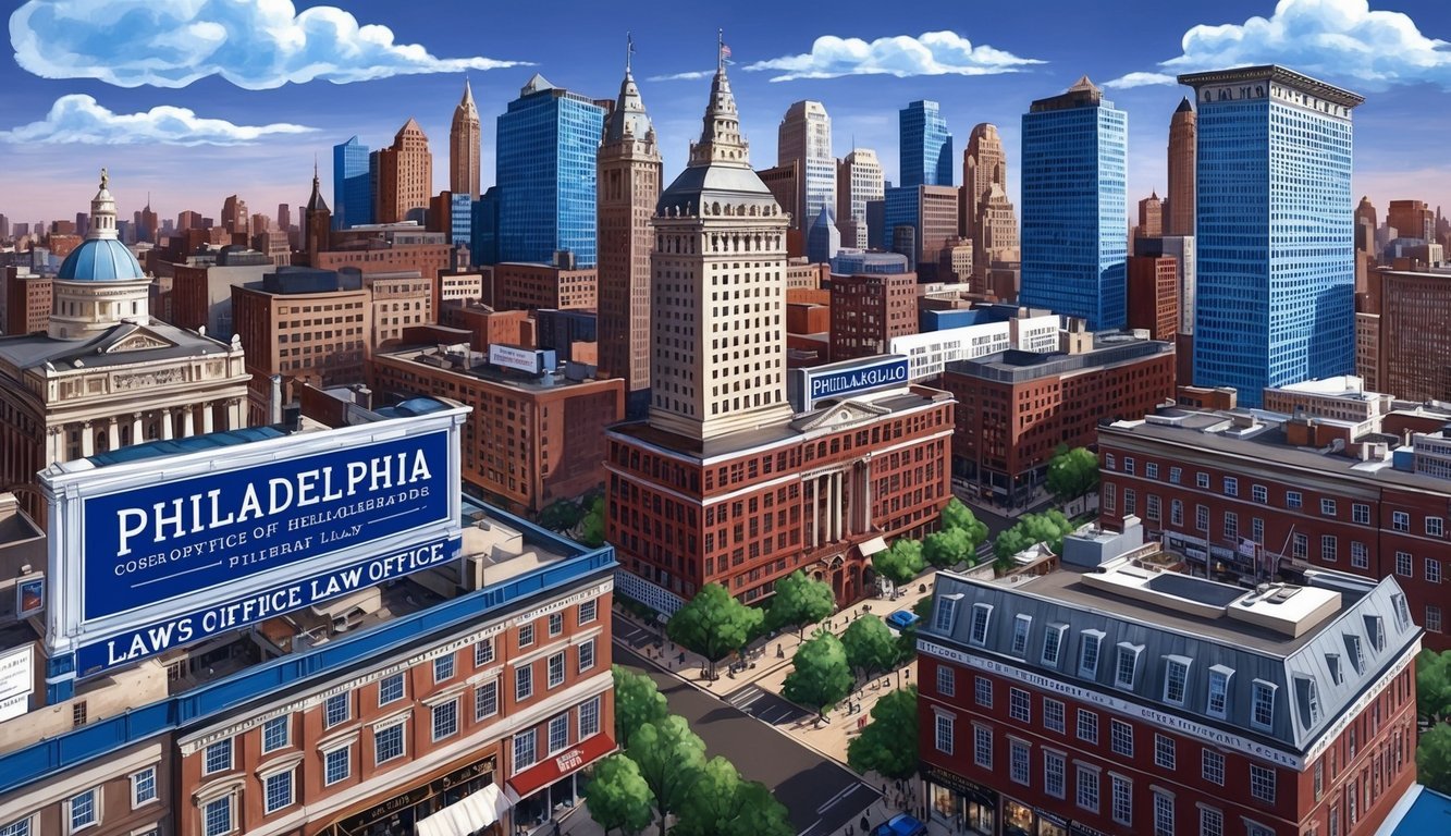 A bustling Philadelphia cityscape with prominent law office signage