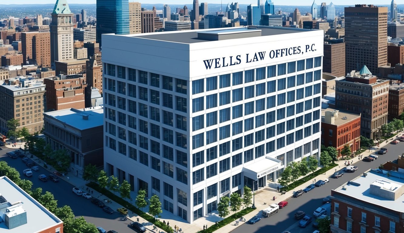 A modern office building with the Wells Law Offices, P.C. sign prominently displayed, surrounded by the bustling city of Philadelphia