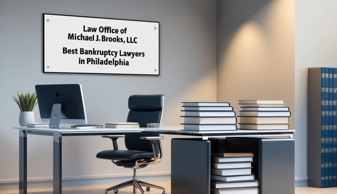 A modern office with a sleek desk, computer, and law books.</p><p>A sign on the wall reads "Law Office of Michael J. Brooks, LLC Best Bankruptcy Lawyers in Philadelphia."