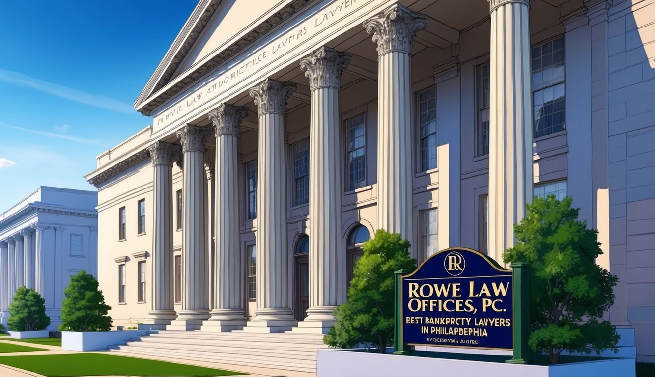 A grand, imposing building with classical architecture, flanked by towering columns and a prominent sign reading "Rowe Law Offices, P.C. Best Bankruptcy Lawyers in Philadelphia."