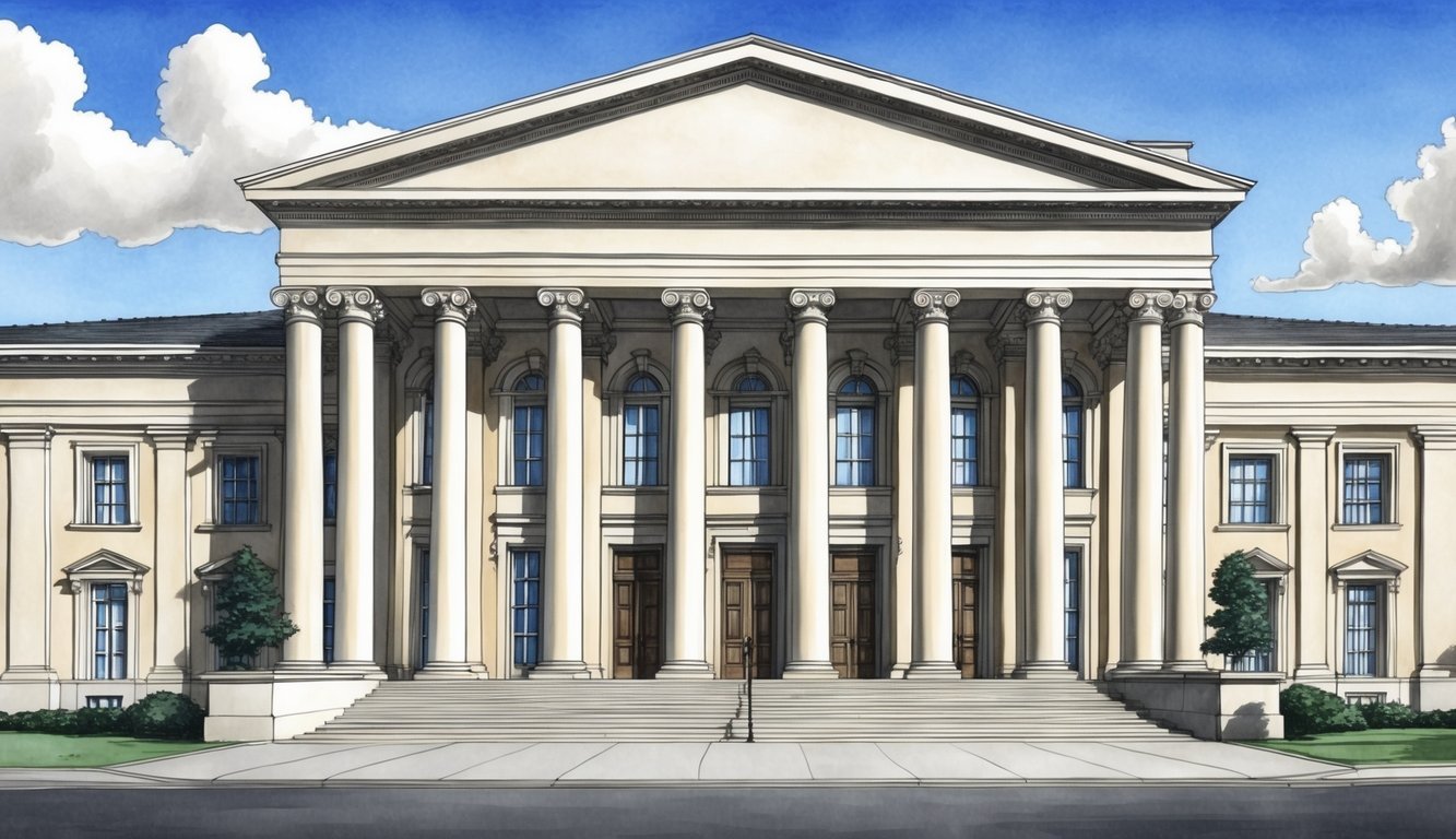 A grand, imposing building with classical architecture, flanked by tall columns and a grand entrance, exuding an air of professionalism and authority