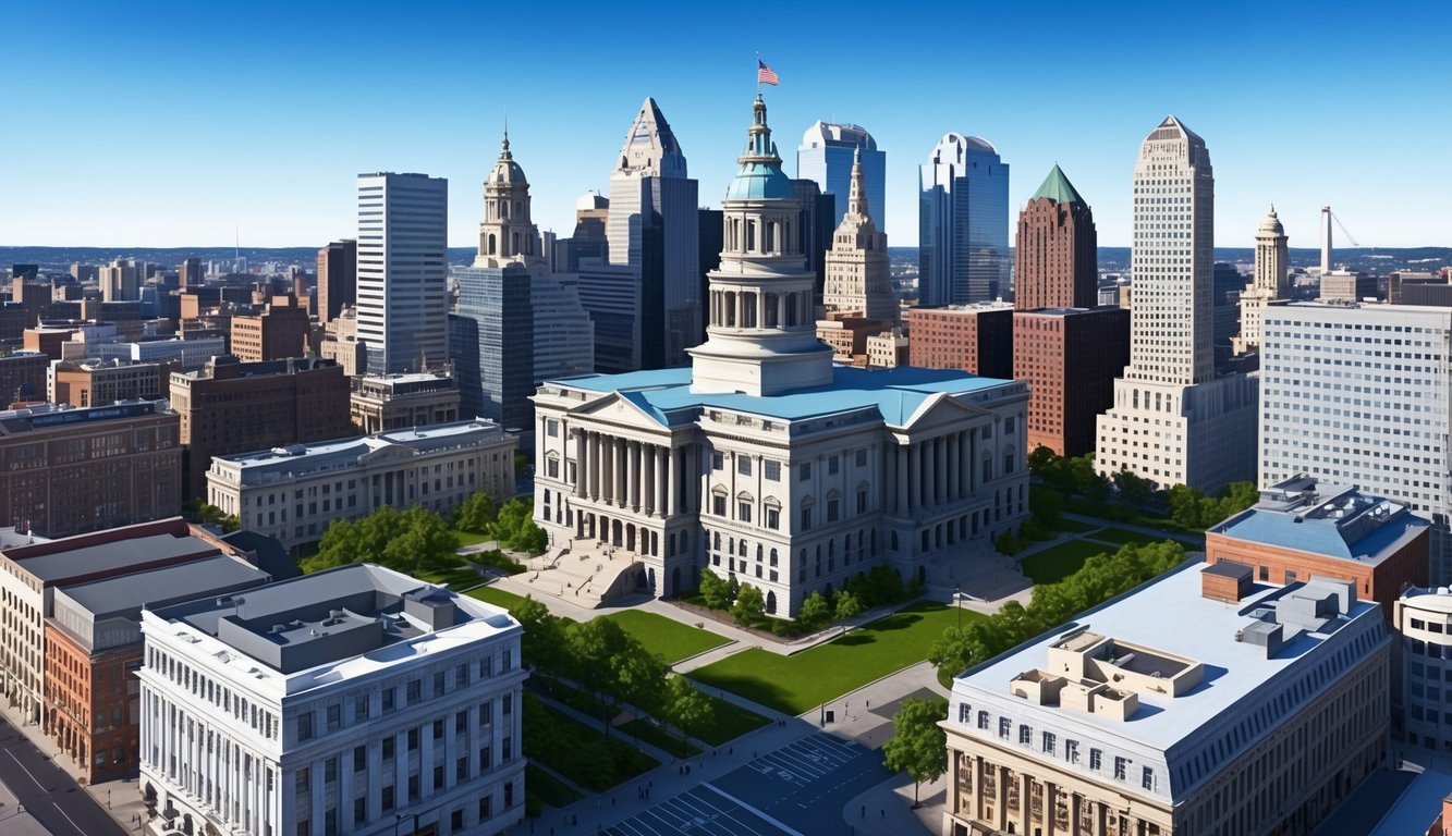 The skyline of Philadelphia with a prominent law office building, surrounded by other city buildings and a clear blue sky