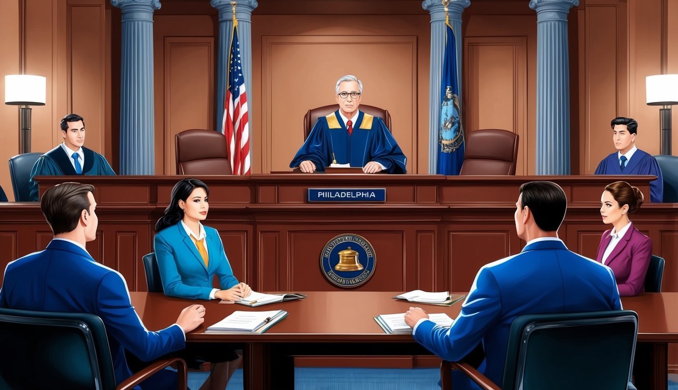 A courtroom with a judge presiding over a bankruptcy case in Philadelphia.</p><p>Lawyers and clients present