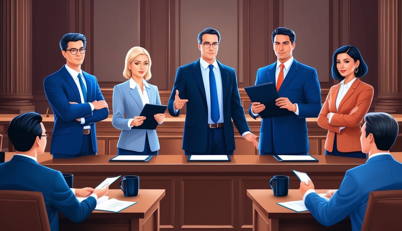 A group of lawyers in a courtroom, confidently presenting cases and providing legal counsel to clients in need of bankruptcy assistance