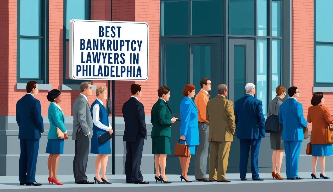 A group of people lining up outside an office building with a sign that reads "Best Bankruptcy Lawyers in Philadelphia."